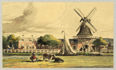 30254 Gezicht over de Leidsche Rijn te Utrecht op de oliemolen De Vrede aan de Leidseweg, uit het noorden.